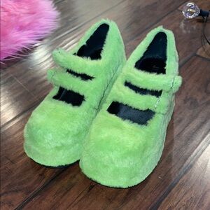 Green Fuzzy Mary Jane Shoes
